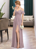 Ida A-Line V-neck Floor-Length Chiffon Bridesmaid Dress With Ruffle Split Front Cascading Ruffles STAP0012822