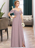 Ida A-Line V-neck Floor-Length Chiffon Bridesmaid Dress With Ruffle Split Front Cascading Ruffles STAP0012822