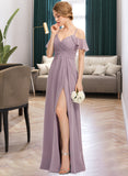 Ida A-Line V-neck Floor-Length Chiffon Bridesmaid Dress With Ruffle Split Front Cascading Ruffles STAP0012822