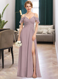 Ida A-Line V-neck Floor-Length Chiffon Bridesmaid Dress With Ruffle Split Front Cascading Ruffles STAP0012822