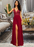 Melanie A-Line V-neck Floor-Length Chiffon Bridesmaid Dress With Lace Sequins Split Front STAP0012830