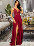 Melanie A-Line V-neck Floor-Length Chiffon Bridesmaid Dress With Lace Sequins Split Front STAP0012830