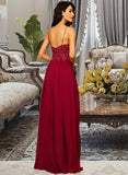 Melanie A-Line V-neck Floor-Length Chiffon Bridesmaid Dress With Lace Sequins Split Front STAP0012830