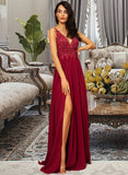 Melanie A-Line V-neck Floor-Length Chiffon Bridesmaid Dress With Lace Sequins Split Front STAP0012830