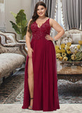 Melanie A-Line V-neck Floor-Length Chiffon Bridesmaid Dress With Lace Sequins Split Front STAP0012830