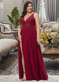 Melanie A-Line V-neck Floor-Length Chiffon Bridesmaid Dress With Lace Sequins Split Front STAP0012830