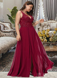 Melanie A-Line V-neck Floor-Length Chiffon Bridesmaid Dress With Lace Sequins Split Front STAP0012830