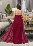 Melanie A-Line V-neck Floor-Length Chiffon Bridesmaid Dress With Lace Sequins Split Front STAP0012830