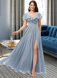 Meadow A-Line V-neck Floor-Length Bridesmaid Dress With Split Front STAP0012832