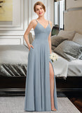 Kiley A-Line V-neck Floor-Length Chiffon Bridesmaid Dress With Ruffle Pockets STAP0012834