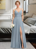 Kiley A-Line V-neck Floor-Length Chiffon Bridesmaid Dress With Ruffle Pockets STAP0012834