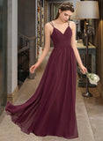 Francesca A-line V-Neck Floor-Length Chiffon Lace Bridesmaid Dress With Ruffle STAP0012839