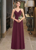 Francesca A-line V-Neck Floor-Length Chiffon Lace Bridesmaid Dress With Ruffle STAP0012839