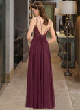 Francesca A-line V-Neck Floor-Length Chiffon Lace Bridesmaid Dress With Ruffle STAP0012839