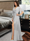 Julianna A-Line V-neck Floor-Length Bridesmaid Dress With Ruffle Split Front STAP0012844