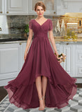 Muriel A-Line V-neck Asymmetrical Chiffon Lace Bridesmaid Dress With Ruffle STAP0012850