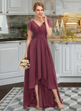 Muriel A-Line V-neck Asymmetrical Chiffon Lace Bridesmaid Dress With Ruffle STAP0012850