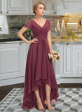 Muriel A-Line V-neck Asymmetrical Chiffon Lace Bridesmaid Dress With Ruffle STAP0012850