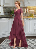 Muriel A-Line V-neck Asymmetrical Chiffon Lace Bridesmaid Dress With Ruffle STAP0012850