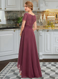 Muriel A-Line V-neck Asymmetrical Chiffon Lace Bridesmaid Dress With Ruffle STAP0012850