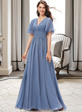 Camryn A-line V-Neck Floor-Length Chiffon Bridesmaid Dress With Ruffle STAP0012857