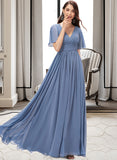 Camryn A-line V-Neck Floor-Length Chiffon Bridesmaid Dress With Ruffle STAP0012857