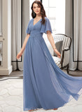 Camryn A-line V-Neck Floor-Length Chiffon Bridesmaid Dress With Ruffle STAP0012857