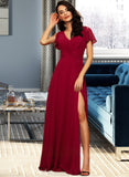 Abril A-line V-Neck Floor-Length Chiffon Bridesmaid Dress STAP0012858