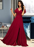 Abril A-line V-Neck Floor-Length Chiffon Bridesmaid Dress STAP0012858