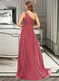 Valery A-line One Shoulder Floor-Length Chiffon Bridesmaid Dress With Ruffle STAP0012860