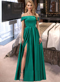 Eliana Ball-Gown/Princess Off-the-Shoulder Floor-Length Satin Bridesmaid Dress With Split Front Pockets STAP0012866