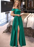 Eliana Ball-Gown/Princess Off-the-Shoulder Floor-Length Satin Bridesmaid Dress With Split Front Pockets STAP0012866