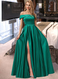 Eliana Ball-Gown/Princess Off-the-Shoulder Floor-Length Satin Bridesmaid Dress With Split Front Pockets STAP0012866