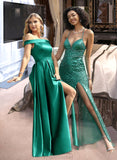 Eliana Ball-Gown/Princess Off-the-Shoulder Floor-Length Satin Bridesmaid Dress With Split Front Pockets STAP0012866