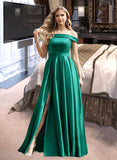 Eliana Ball-Gown/Princess Off-the-Shoulder Floor-Length Satin Bridesmaid Dress With Split Front Pockets STAP0012866