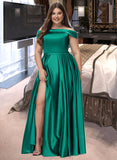 Eliana Ball-Gown/Princess Off-the-Shoulder Floor-Length Satin Bridesmaid Dress With Split Front Pockets STAP0012866