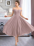 Jillian A-Line Off-the-Shoulder Tea-Length Chiffon Lace Bridesmaid Dress With Beading Sequins STAP0012867