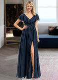 Ryann A-Line V-neck Floor-Length Chiffon Bridesmaid Dress With Bow(s) Split Front Cascading Ruffles STAP0012868