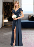 Ryann A-Line V-neck Floor-Length Chiffon Bridesmaid Dress With Bow(s) Split Front Cascading Ruffles STAP0012868