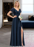 Ryann A-Line V-neck Floor-Length Chiffon Bridesmaid Dress With Bow(s) Split Front Cascading Ruffles STAP0012868