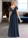 Ryann A-Line V-neck Floor-Length Chiffon Bridesmaid Dress With Bow(s) Split Front Cascading Ruffles STAP0012868