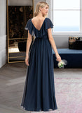 Ryann A-Line V-neck Floor-Length Chiffon Bridesmaid Dress With Bow(s) Split Front Cascading Ruffles STAP0012868