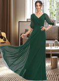 Rhianna A-Line V-neck Floor-Length Bridesmaid Dress With Ruffle STAP0012870