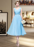 Shayna A-Line V-neck Tea-Length Chiffon Bridesmaid Dress With Ruffle STAP0012871