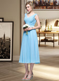 Shayna A-Line V-neck Tea-Length Chiffon Bridesmaid Dress With Ruffle STAP0012871