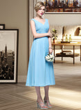 Shayna A-Line V-neck Tea-Length Chiffon Bridesmaid Dress With Ruffle STAP0012871