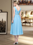 Shayna A-Line V-neck Tea-Length Chiffon Bridesmaid Dress With Ruffle STAP0012871