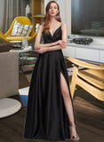 Bailee A-Line V-neck Floor-Length Satin Bridesmaid Dress With Ruffle Split Front STAP0012872