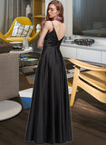 Bailee A-Line V-neck Floor-Length Satin Bridesmaid Dress With Ruffle Split Front STAP0012872