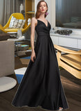 Bailee A-Line V-neck Floor-Length Satin Bridesmaid Dress With Ruffle Split Front STAP0012872